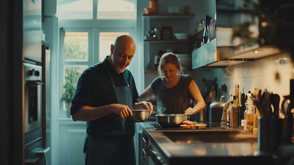 Man & woman getting on with cooking