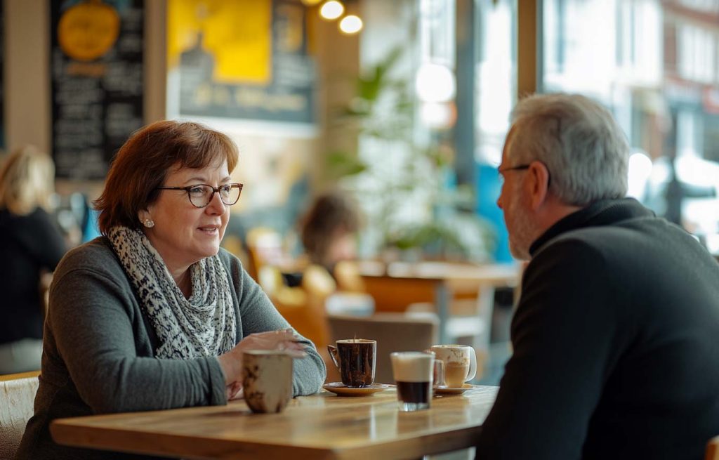 A man & woman discussing WM in a coffee shop