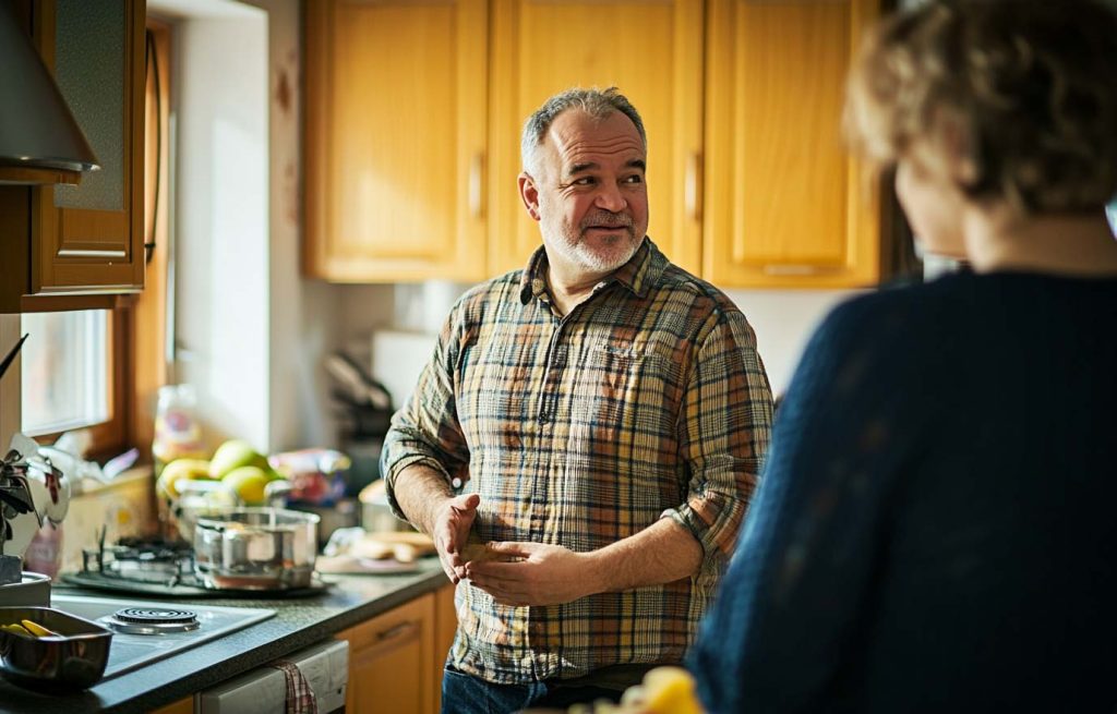 A man & woman discussing WM in a kitchen